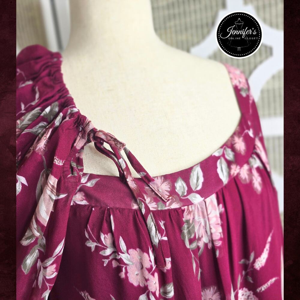 Anthropologie Evelin Maroon/Wine Floral Long Sleeve Chiffon Maxi Dress Size XL - Picture 8 of 16